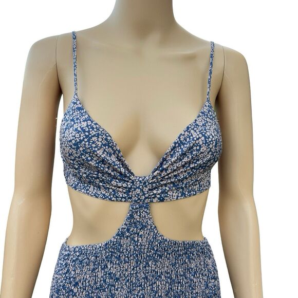 Blush BJ Blue Floral Spaghetti Strap Mini Cut-out Smocked Summer Dress Small - Picture 8 of 14